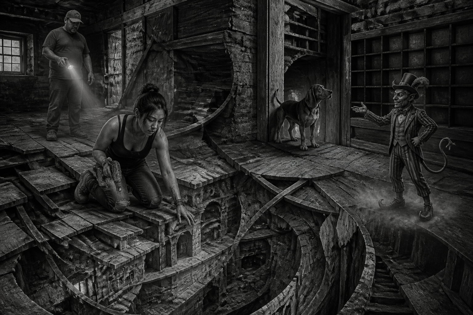 Black-and-white recreation of an investigation scene