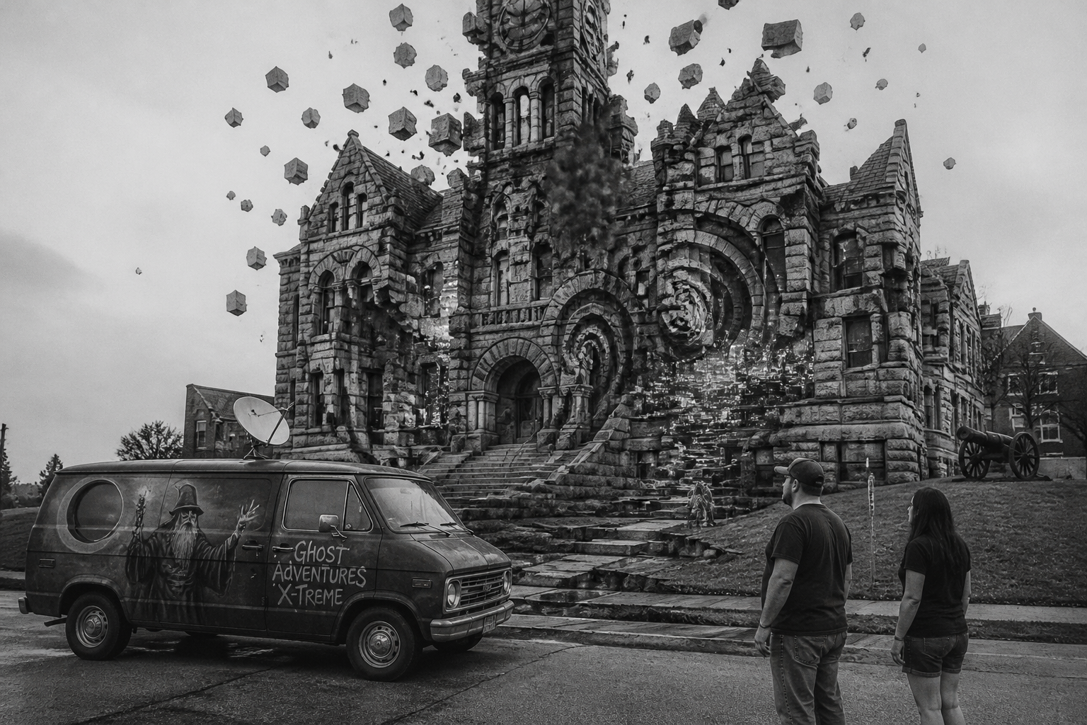 Black-and-white recreation of the historic location