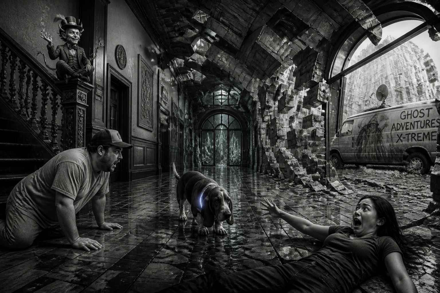 Black-and-white recreation of an investigation scene