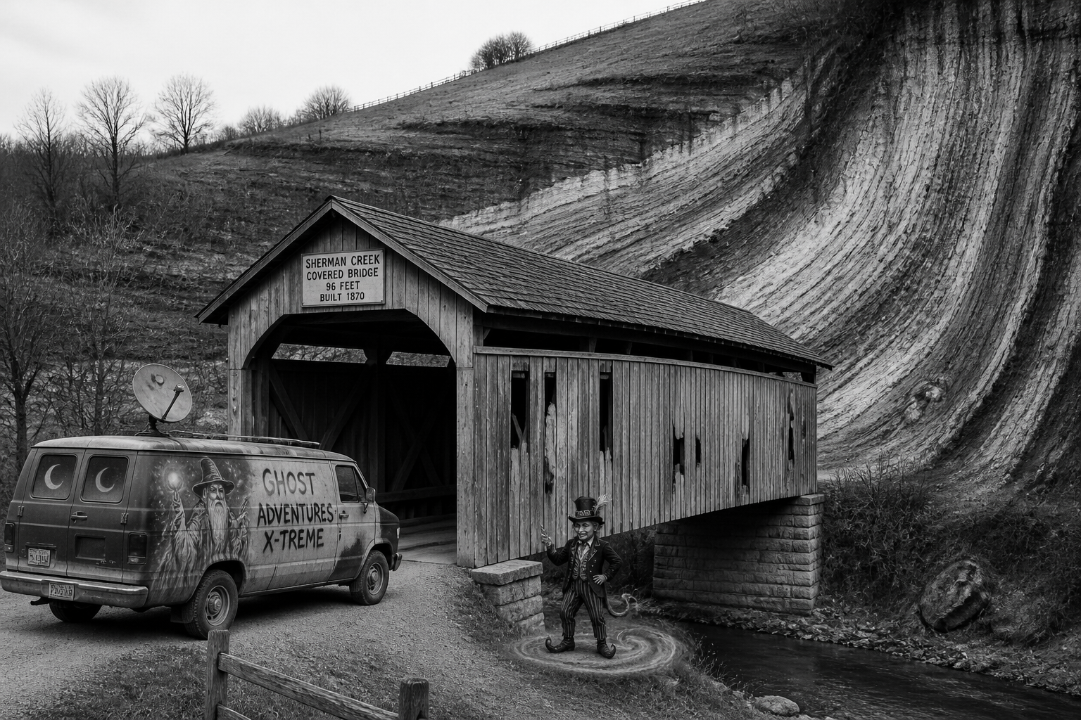 Black-and-white recreation of the historic location