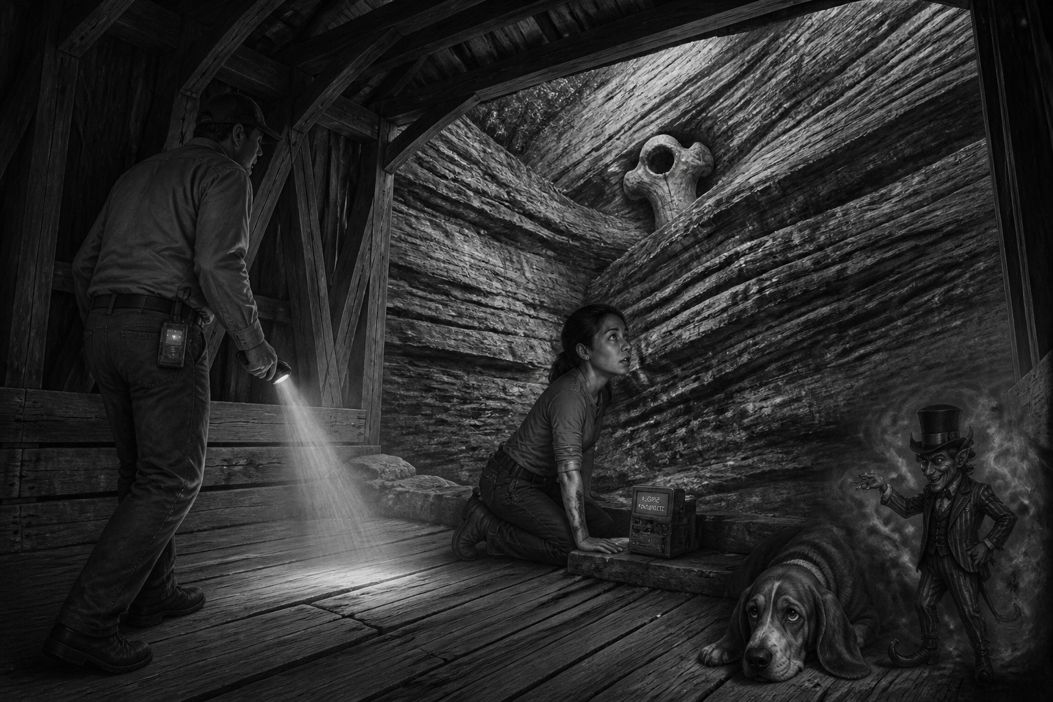 Black-and-white recreation of an investigation scene