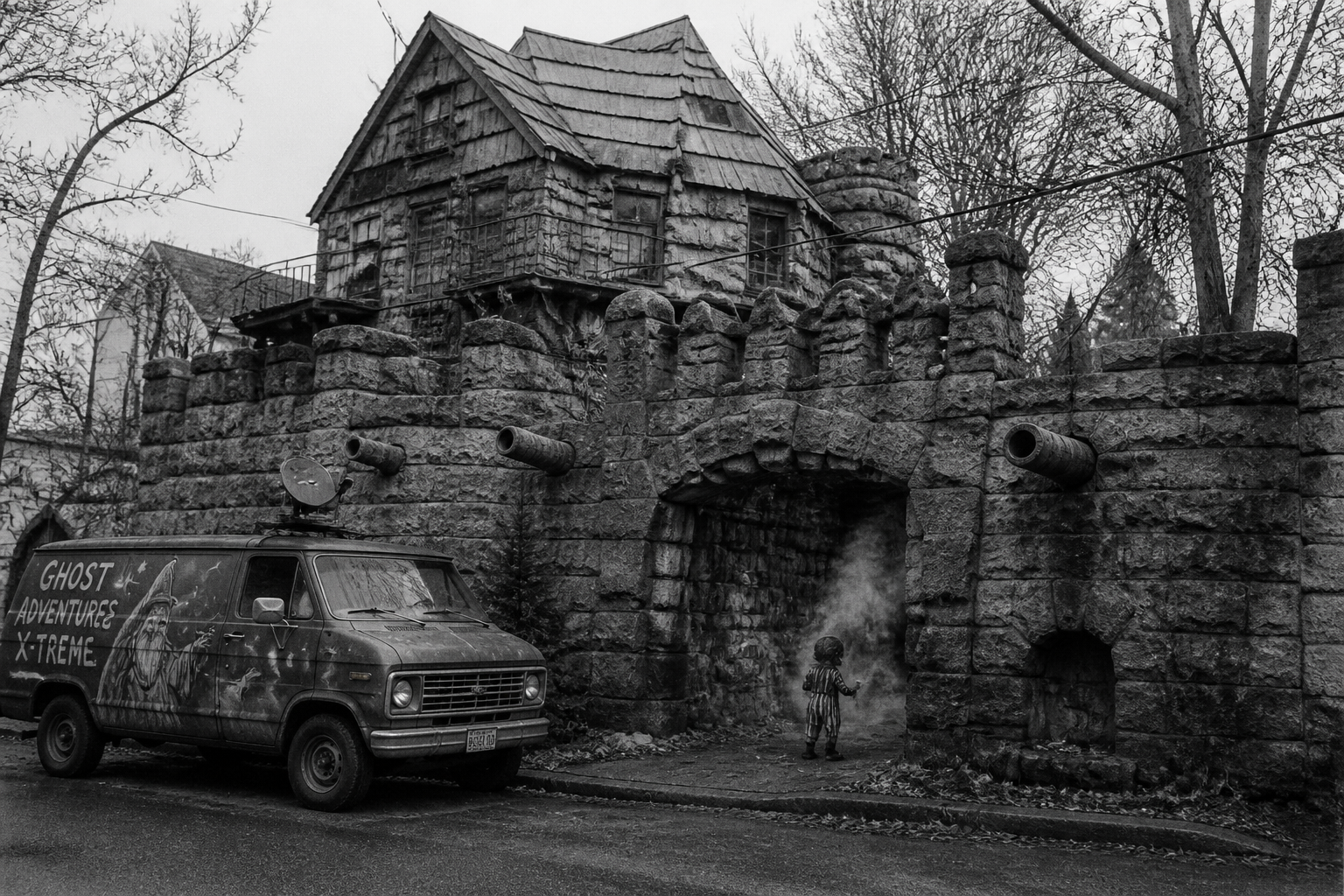 Black-and-white recreation of the historic location