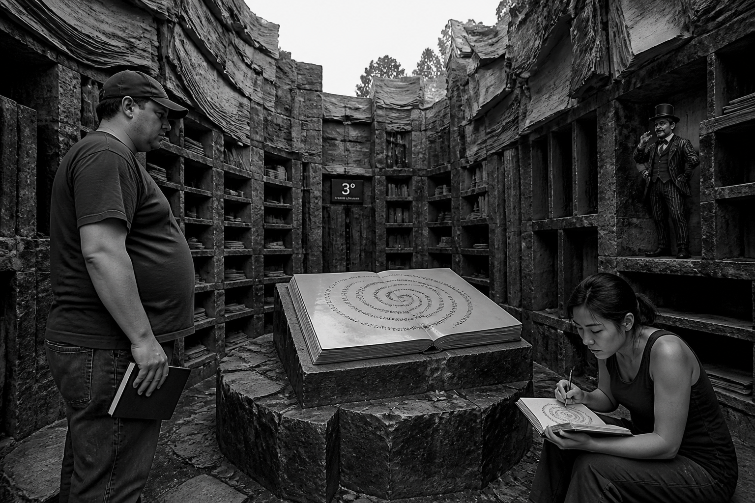 Black-and-white recreation of an investigation scene