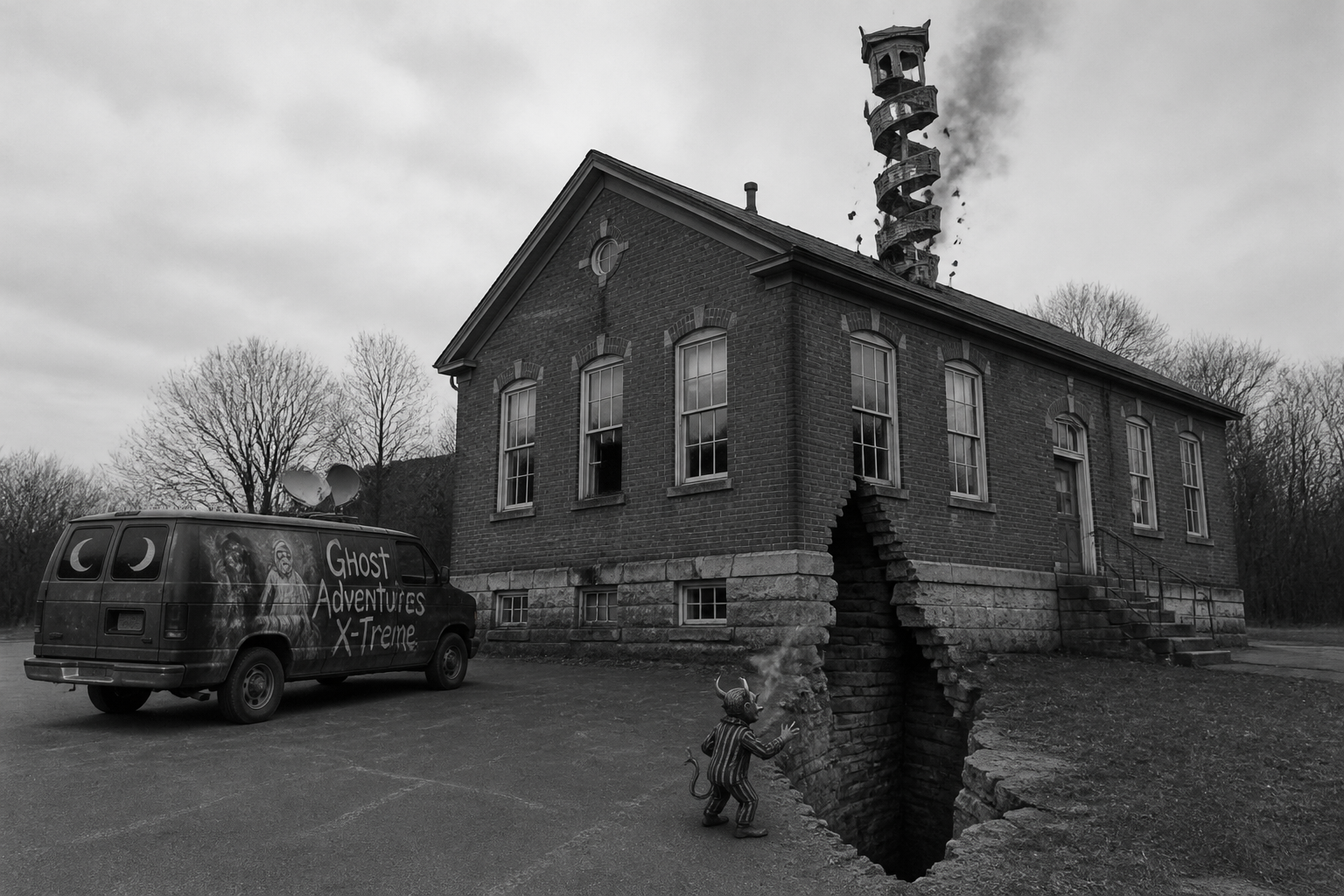 Black-and-white recreation of the historic location
