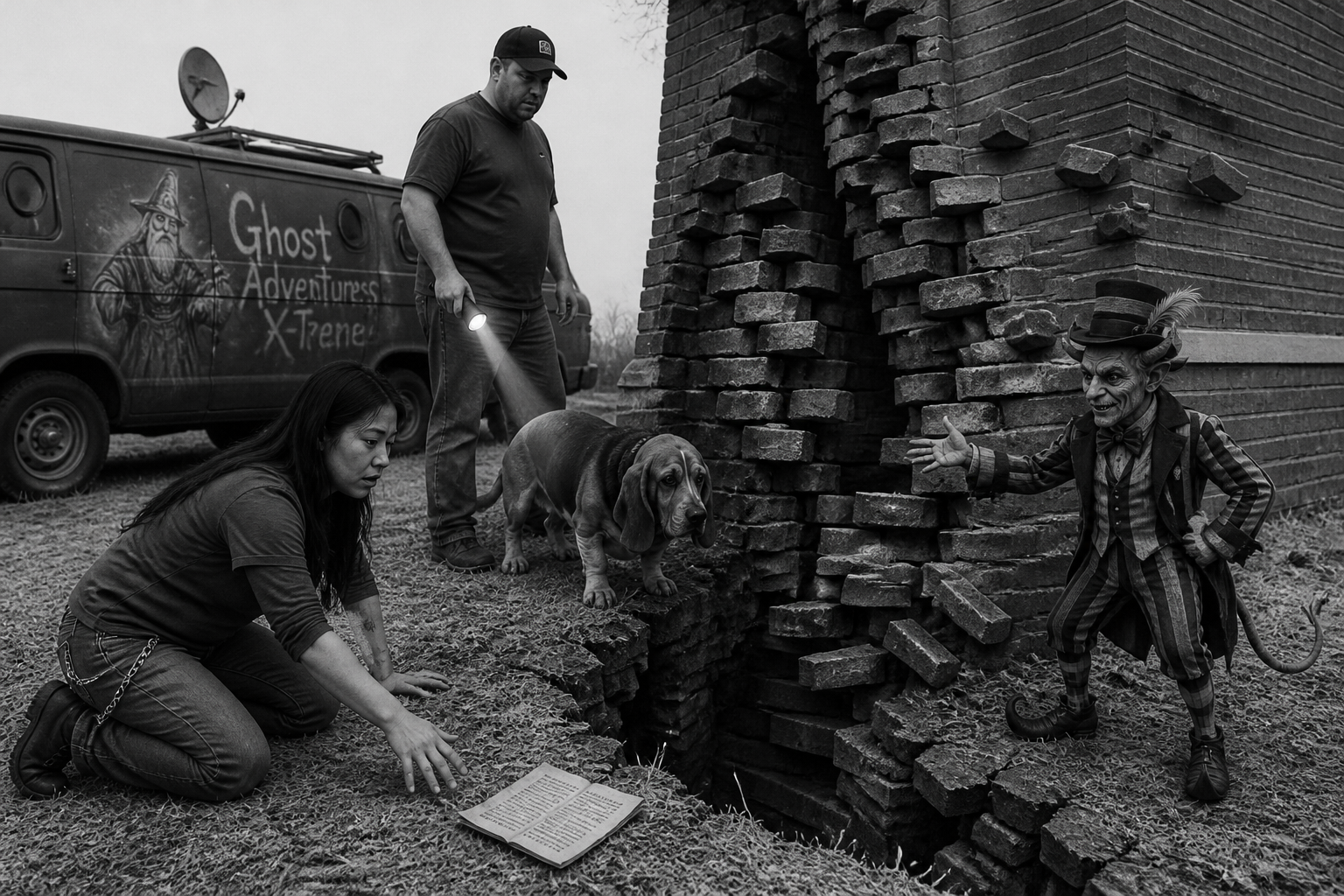 Black-and-white recreation of an investigation scene