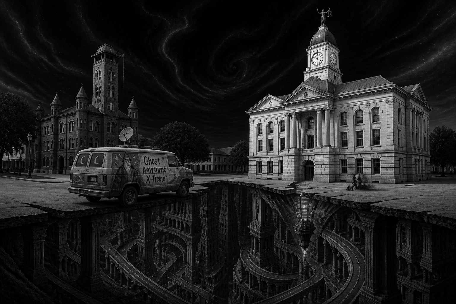Black-and-white recreation of the historic location