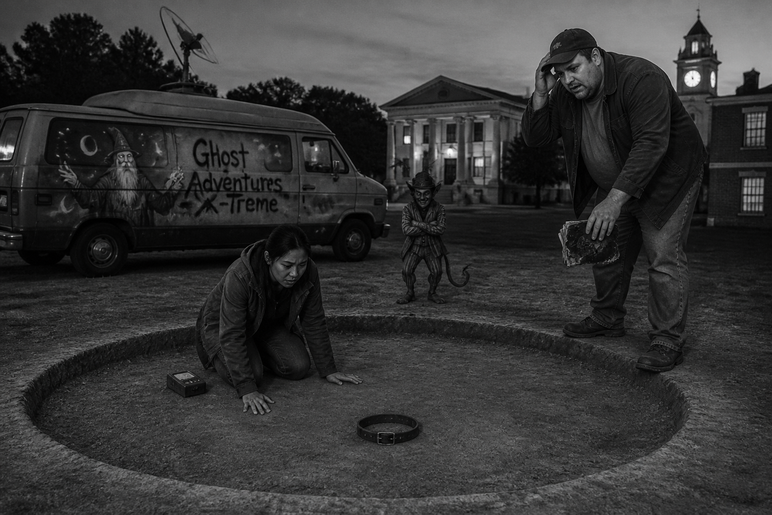 Black-and-white recreation of an investigation scene