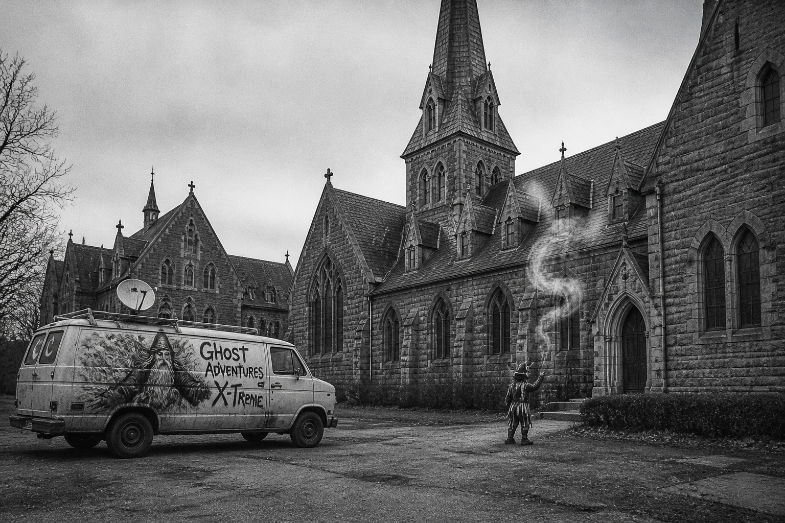 Black-and-white recreation of the historic location