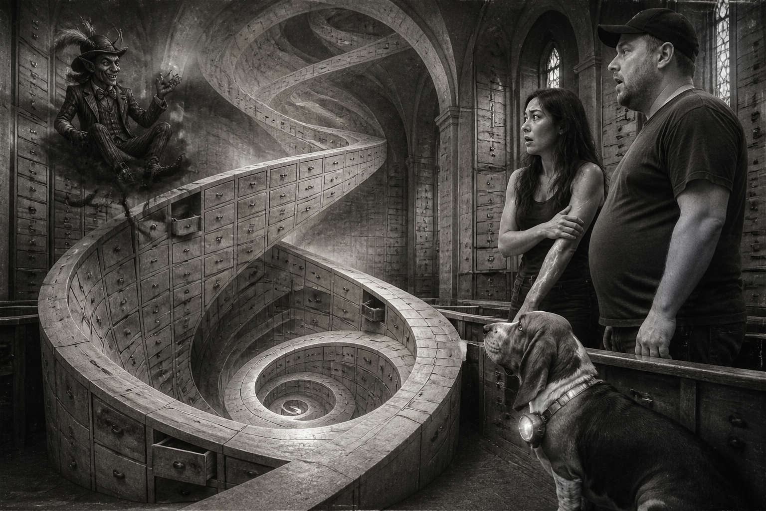 Black-and-white recreation of an investigation scene