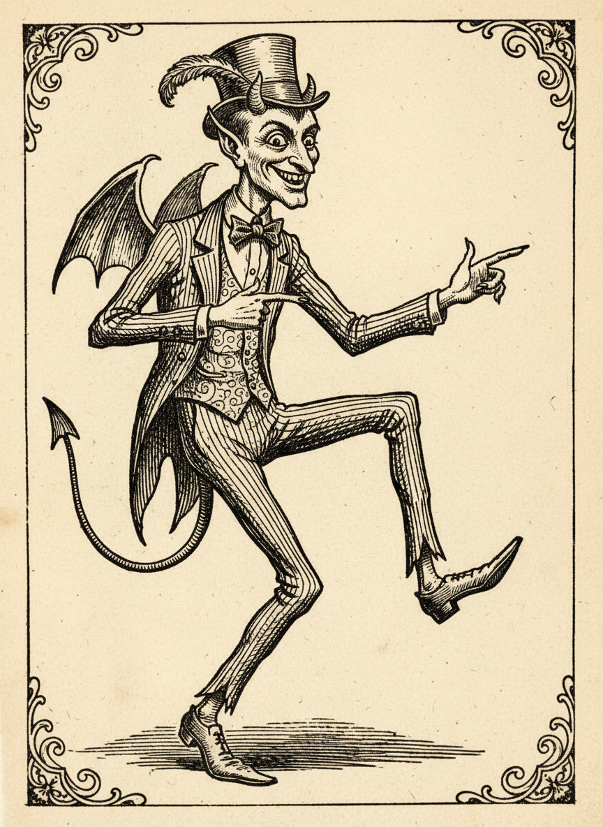 Woodcut of Beelzebubba the Third capering as he presents the property