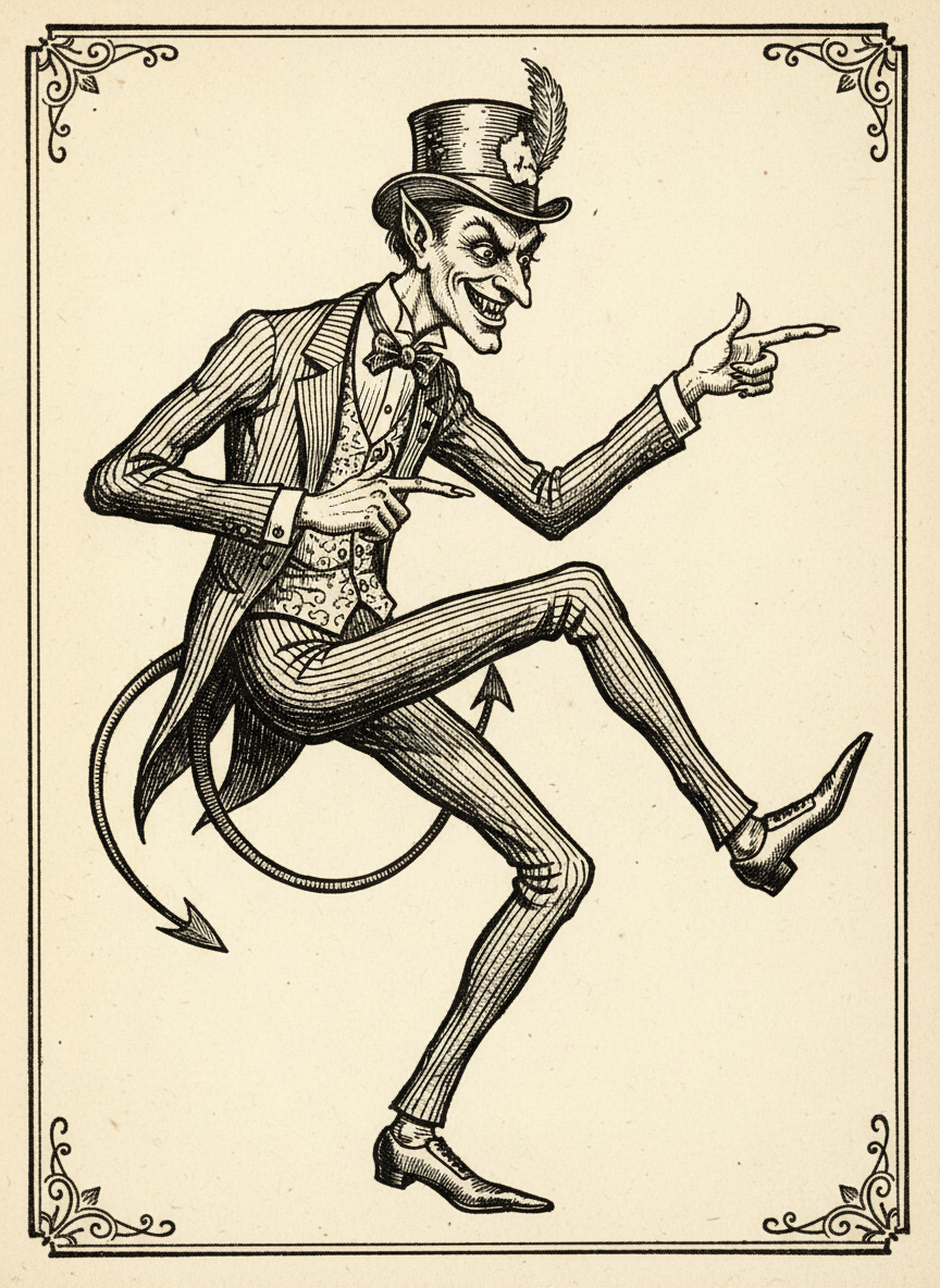 Woodcut of Beelzebubba the Third capering as he presents the property