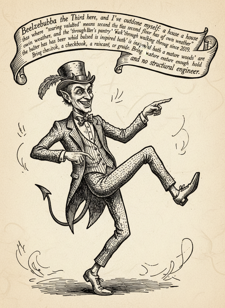 Woodcut of Beelzebubba the Third capering as he presents the property