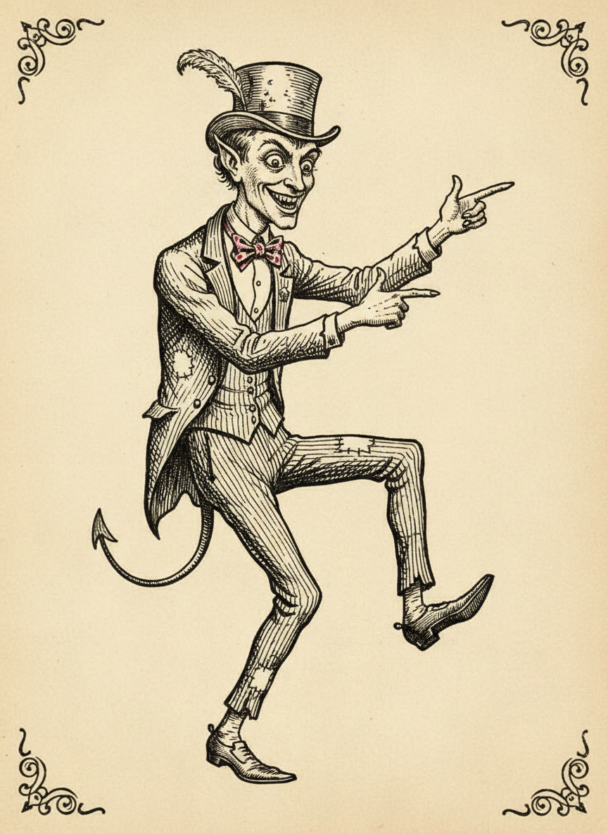 Woodcut of Beelzebubba the Third capering as he presents the property