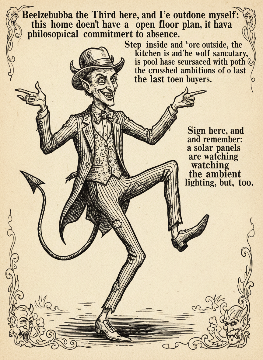 Woodcut of Beelzebubba the Third capering as he presents the property