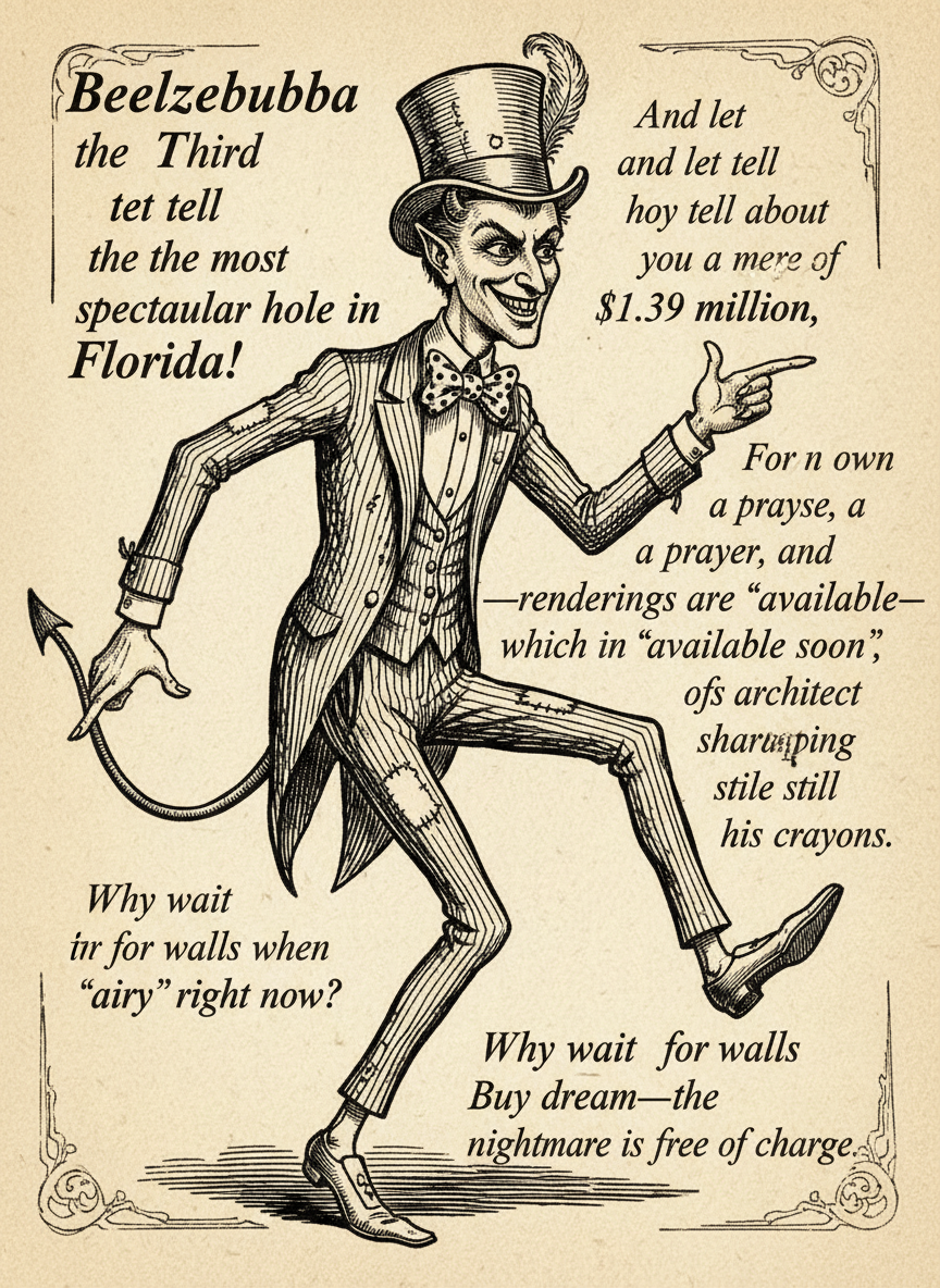 Woodcut of Beelzebubba the Third capering as he presents the property