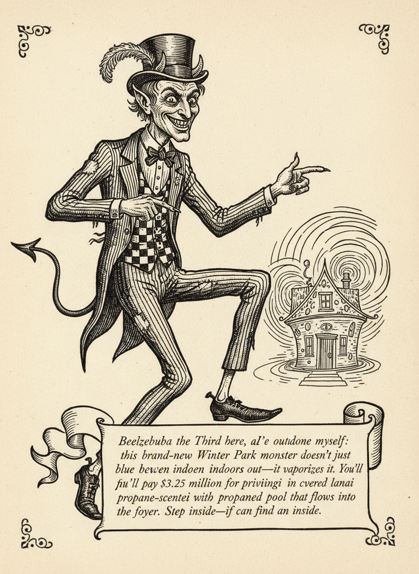 Woodcut of Beelzebubba the Third capering as he presents the property