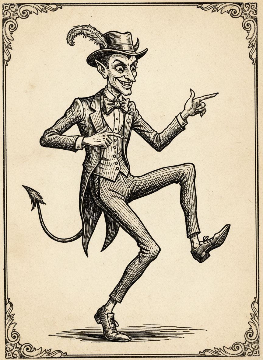 Woodcut of Beelzebubba the Third capering as he presents the property