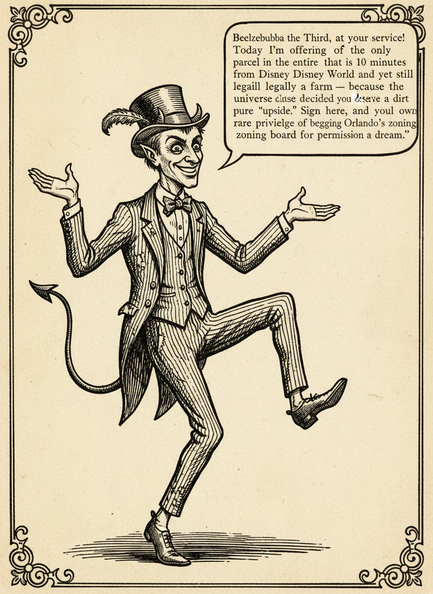 Woodcut of Beelzebubba the Third capering as he presents the property
