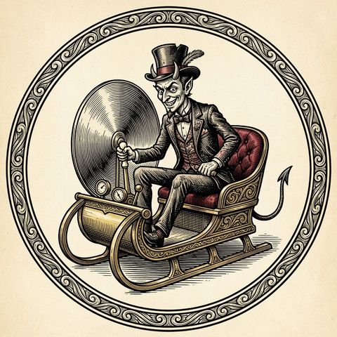 Beelzebubba the Third, woodcut devil, seated at the controls of an antique brass time machine inside a circular engraved emblem