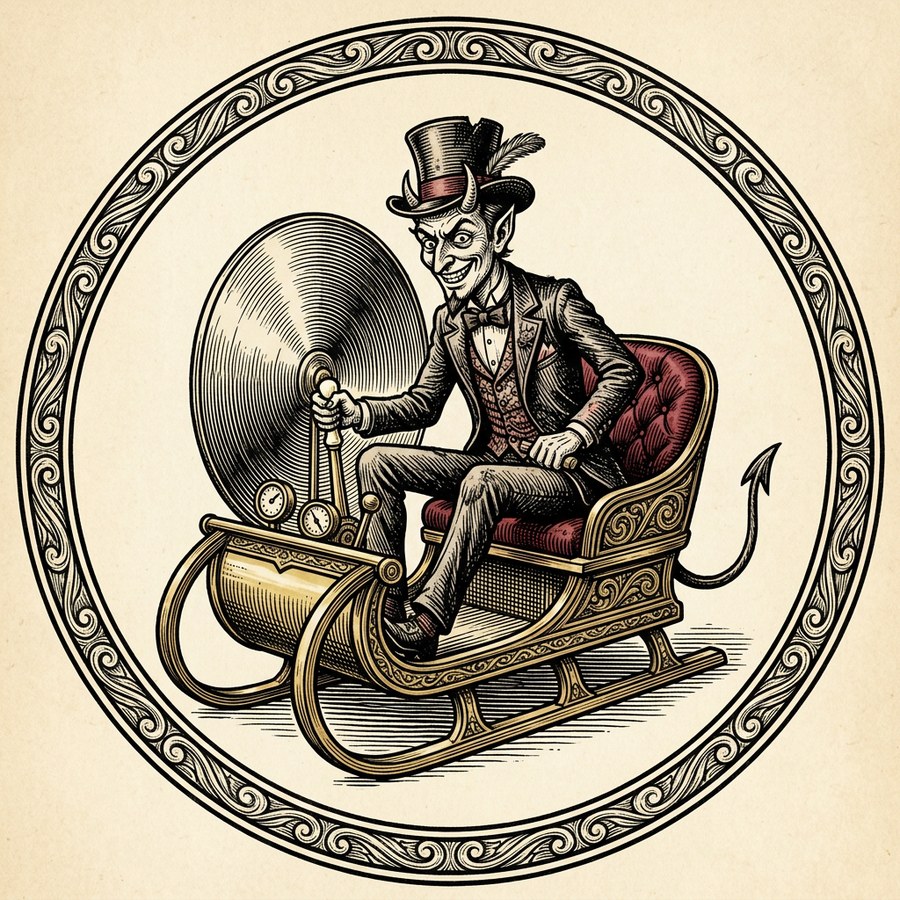 Beelzebubba the Third, woodcut devil, seated at the controls of an antique brass time machine inside a circular engraved emblem